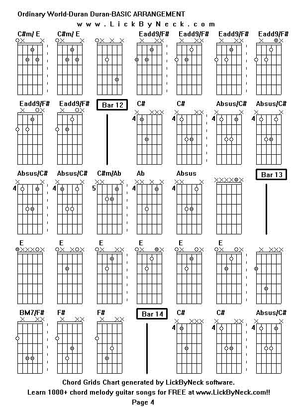 Chord Grids Chart of chord melody fingerstyle guitar song-Ordinary World-Duran Duran-BASIC ARRANGEMENT,generated by LickByNeck software.